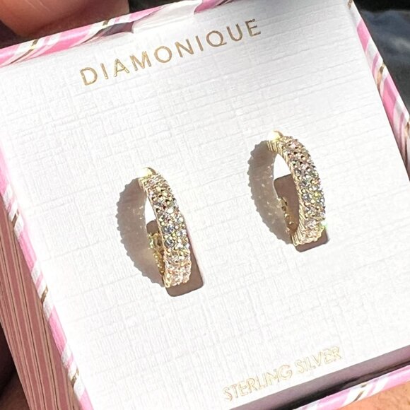 Diamonique Pavé Huggie Hoop Earrings Gold Plated Sterling Silver NEW - Picture 1 of 11